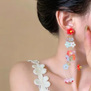 Vibrant dopamine style resin flower tassel earrings with 925 silver needles for women.
