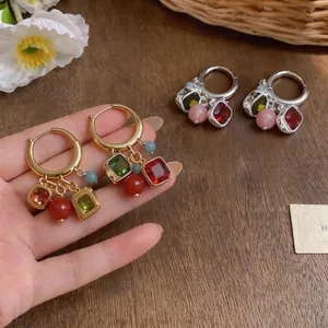 Retro Colore a Contrasto Nappa Clip per Orecchie Rame Perno 925 Argento Zirconia Intarsiato Placcato Oro Orecchini Donna Gioielli