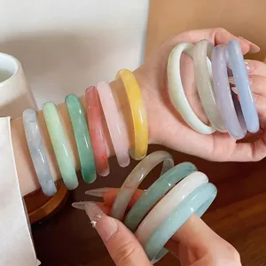 New Chinese Style Chalcedony Bangle for Women Elegant Fashion Solid Color Round Stone Bracelet Jewelry Accessory Gift