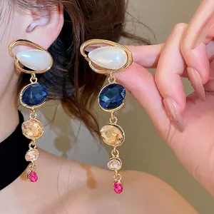 Elegant geometric long drop earrings with white pearls and colorful faceted crystals