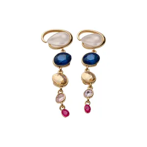 Elegant colorful geometric drop earrings with gold finish and vibrant faceted stones for women
