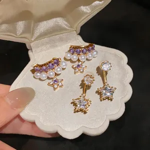 Orecchini a Bottone con Perno in Argento Sterling 925 Tondi Geometrici Stella Zirconia Lusso Leggero Perla Artificiale Orecchino per Donna Gioielli