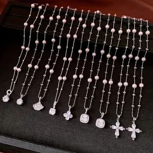 Collana con Pendente in Rame Zirconia e Perla Artificiale Francese Lusso Leggero Elegante Catena per Clavicola Geometrica Placcata Argento Gioielli Donna
