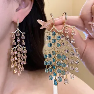 Kupfer Zirkonia Lange Quasten Ohrstecker Für Damen Vintage Gold Vergoldet Rund Wassertropfen Ohrringe Schmuck Geschenk