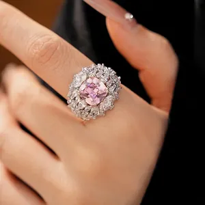 Vintage Royal Pink Square Zirconia Open Ring For Women Adjustable Silver Plated Copper Flower Finger Ring Jewelry Gift