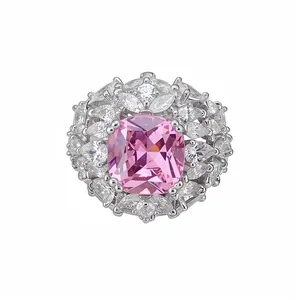 Elegant pink square zircon open ring with vintage floral halo for luxury women's jewelry