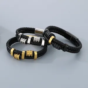 Bracelet magnétique classique en cuir tressé double couche pour homme avec accents