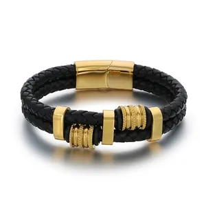 Bracelet homme double couche en cuir tressé noir avec fermoir magnétique doré