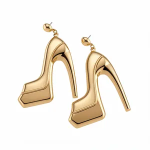 Unique gold high-heeled shoe earrings with a high-shine metallic finish