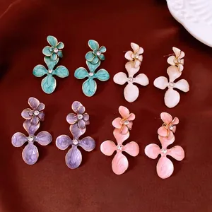Boucles d'Oreilles Pendantes Fleurs en Alliage Vintage pour Femmes Luxe Émail Goutte Strass Tige en Argent Bijoux