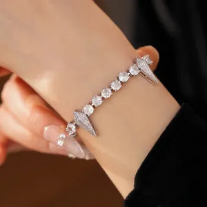 Sparkling silver zircon round and diamond spike pendant bracelet in punk hip-hop style
