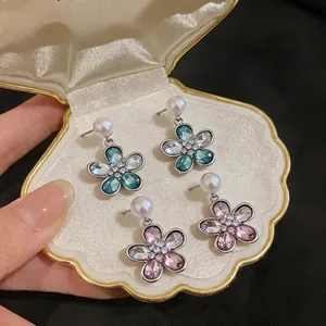 Exquisite Copper Flower Pendant Stud Earrings With Artificial Pearl And Rhinestone Elegant Light Luxury Sweet Jewelry For Women