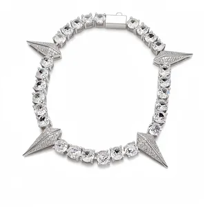 Shiny silver plated iced out tennis bracelet with round zircons and punk spike charms