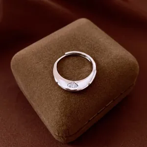 Vintage Copper Zirconia Open Ring Minimalist Wave Design Adjustable Finger Ring Fashion Jewelry For Women Silver Tone