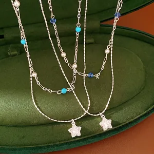 Double Layer Copper Zirconia Star Pendant Necklace Women Elegant Artificial Pearl Blue Beaded Choker Clavicle Chain Jewelry