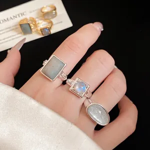 Elegant 18k gold plated geometric stone open rings featuring rectangular and oval gems
