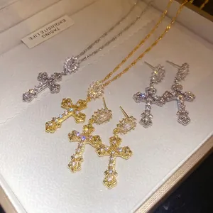 18K Gold Plated Zirconia Cross Pendant Necklace Stud Earrings For Women Luxury Copper Religious Fashion Jewelry Neckwear