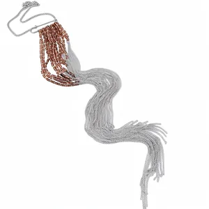 Collier chic à pampilles argentées avec perles brunes et fermoir épingle à nourrice pour femme