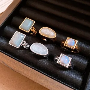Minimalist 18k gold plated open rings with elegant square and oval gemstone stones