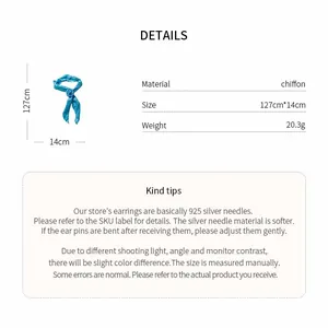 Detailed view of blue chiffon flower scarf with size and weight parameters