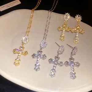 18k gold plated zircon cross pendant necklace and earrings set for women
