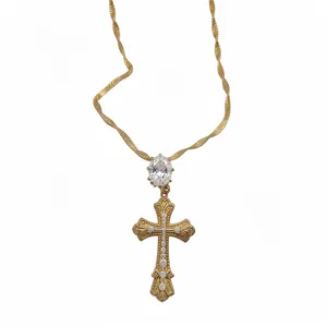 Exquisite 18k gold plated zircon cross pendant necklace with sparkling crystal details
