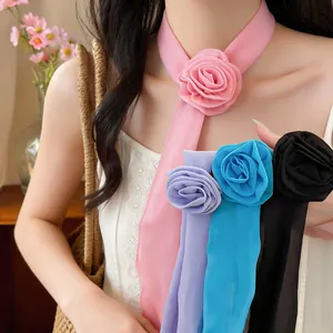 Korean style pink chiffon flower scarf necklace with blue, purple and black variants