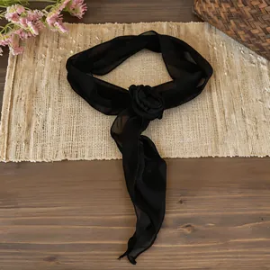 Elegant black chiffon scarf necklace featuring a delicate handmade flower detail decoration