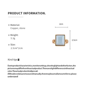 Square blue stone ring with 18k gold plating details and product dimensions shown.