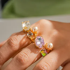 European American Light Luxury Alloy Artificial Pearl Rhinestone Open Ring Adjustable Geometric Oval Square Finger Ring For Women