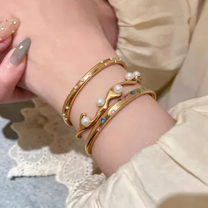 Vintage Goldene Edelstahl Offener Armreif Armband Mit Künstliche Perle Und Strass Für Damen Schmuck Geschenk