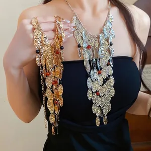 Vintage Court Style Iron Wrinkled Oval Agate Tassel Necklace For Women Gold Silver Plated Bohemian Statement Choker Jewelry