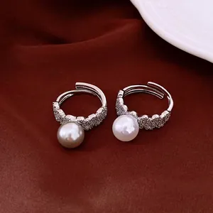 Vintage Copper Lace Open Ring For Women Elegant Zirconia Inlaid Artificial Pearl Ring Luxury Exquisite Adjustable Finger Jewelry
