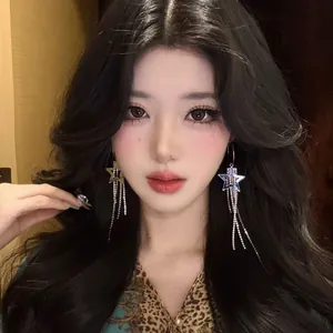 Pendientes Largos de Borla con Estrella de Cobre con Poste de Plata de Ley 925 Brillantes Pendientes de Estrella con Strass para Mujer
