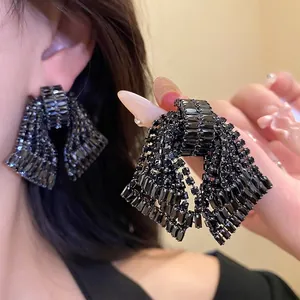 Statement black rhinestone bow earrings with exquisite zircon detailing for women