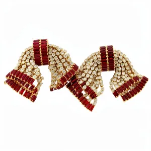 Luxurious bow stud earrings with red baguette zircons and sparkling clear stones