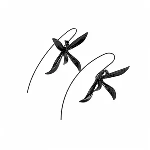 Glossy black metal flower drop ear hook earrings with minimalist orchid design.