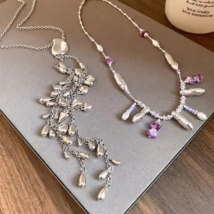 Collier Pendentif Gland Goutte d'Eau en Cuivre Minimaliste pour Femmes Mode Exquise Perle Mauve Perle Artificielle Bijoux de Chaîne de Clavicule