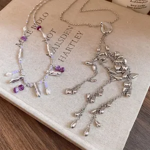 Élégants colliers à glands en argent avec pierres violettes et perles décoratives