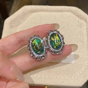 Vintage Palace Style Oval Green Resin Stud Earrings With Rhinestone Inlaid 925 Sterling Silver Earring Post For Women Retro Jewelry