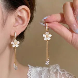 Niche Design Flower Tassel Ear Clips For Women Non-Pierced Gold Plated Copper Rhinestone Elegant Long Dangle Earrings Jewelry Gift