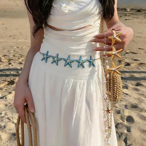 Enamel Drip Oil Starfish Pendant Necklace Seaside Vacation Style Artificial Pearl Rhinestone Gold Clavicle Chain Waist Chain