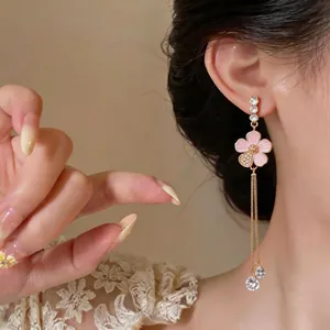 Elegant pink flower dangle earrings with zircons and long tassels for women