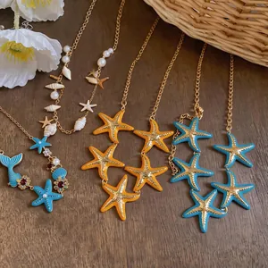 Exquisite enamel starfish and pearl necklaces for women beach vacation style jewelry