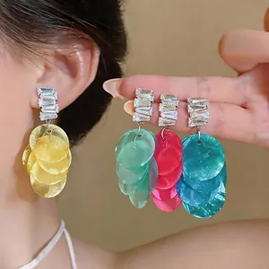 Shell Tassel Drop Earrings for Women Zirconia Inlaid 925 Sterling Silver Earring Post Geometric Vacation Jewelry