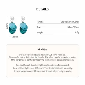 Detailed specifications for geometric shell and zircon drop earrings including dimensions and weight