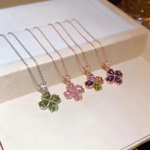 Vintage zircon flower pendant necklaces with adjustable rose gold and silver chains