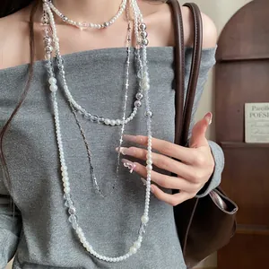 French Vintage Artificial Pearl Beaded Cross Pendant Necklace Set Elegant Layered Clavicle Chain Jewelry For Women