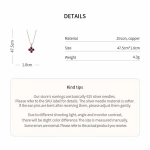 Detailed specifications for zircon flower necklace including material, size, and weight info.