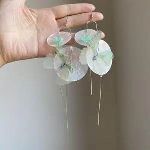 Dreamy butterfly shell earrings with ethereal chiffon flower petals and long tassels
